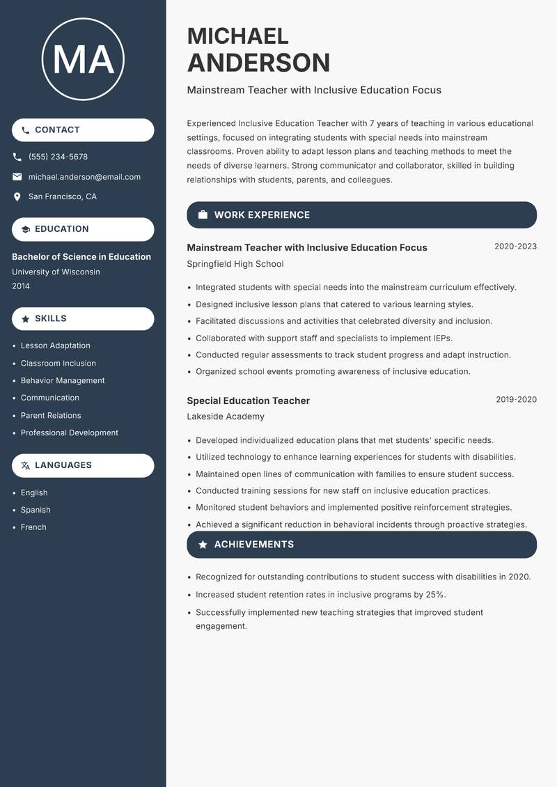 Inclusive Education Teacher Resume Preview Example