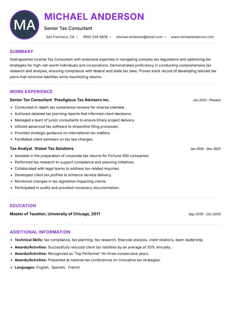 Income Tax Consultant Resume Preview Example
