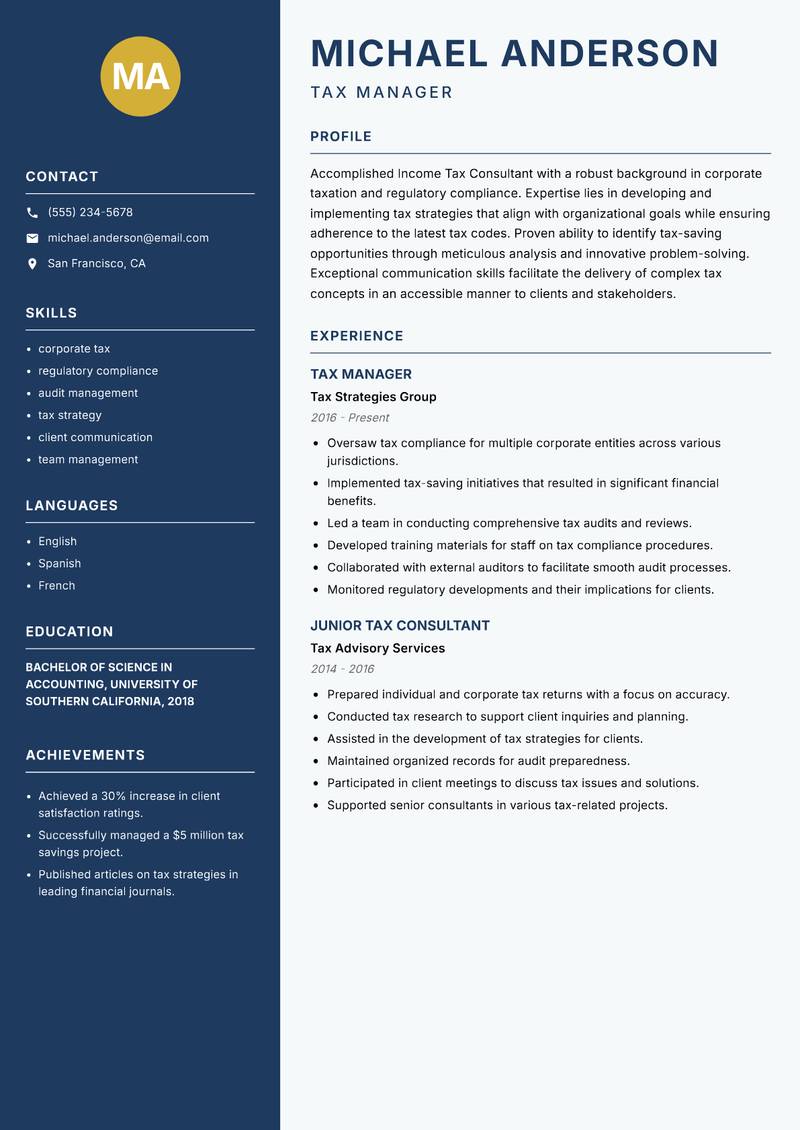 Income Tax Consultant Resume Preview Example