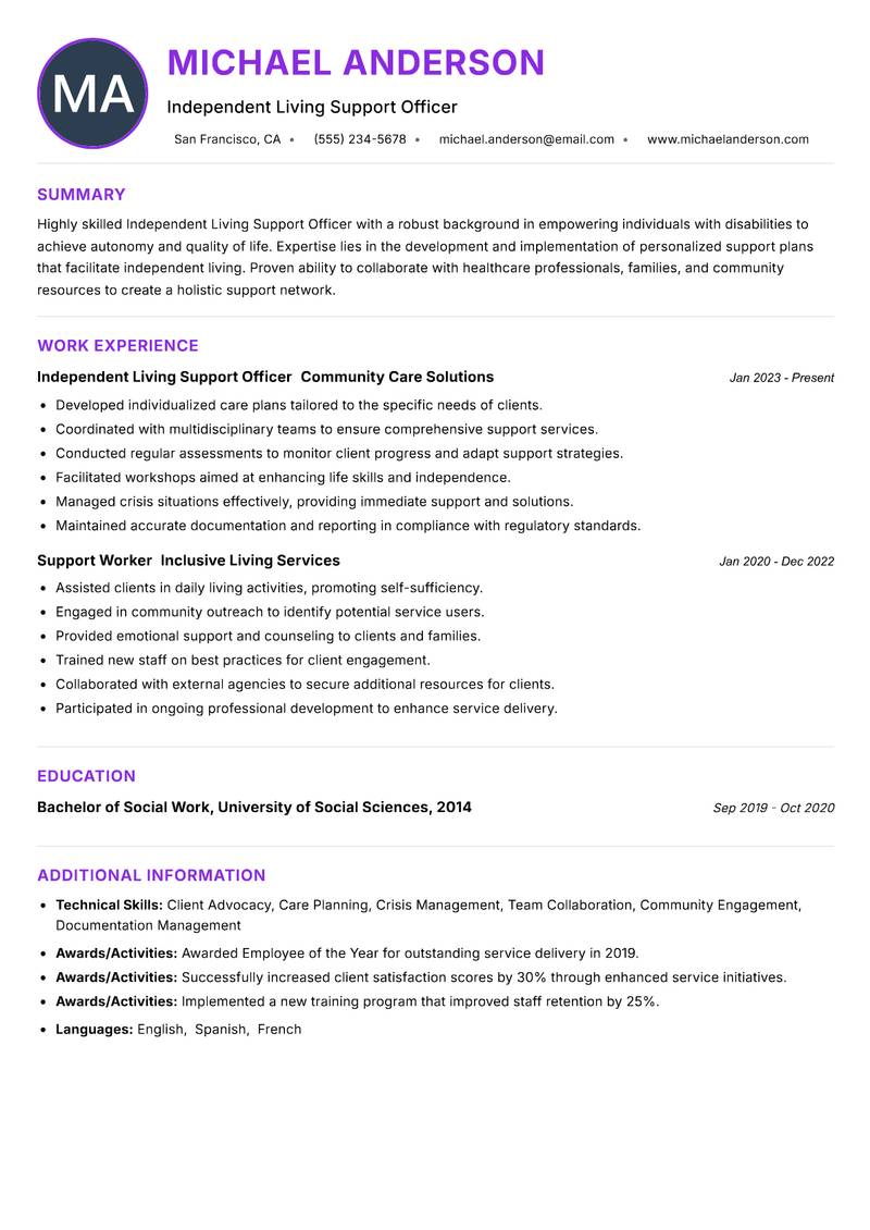Independent Living Support Officer Resume Preview Example