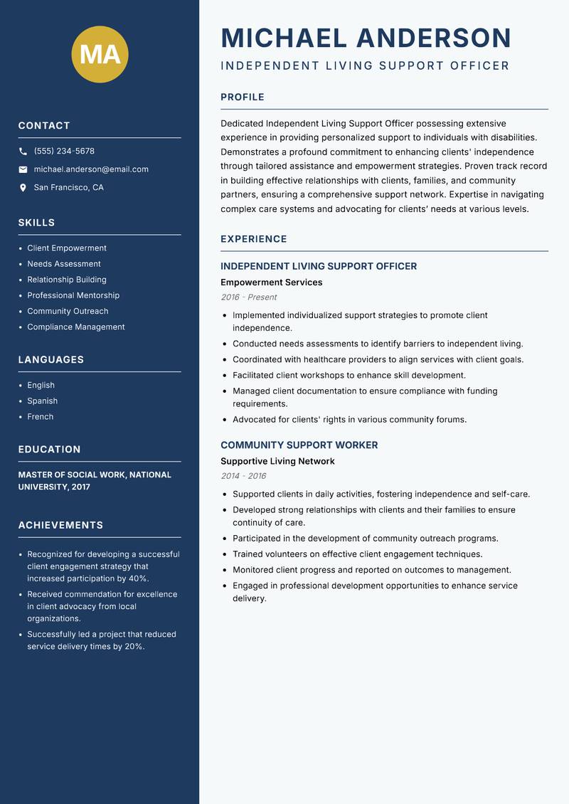 Independent Living Support Officer Resume Preview Example