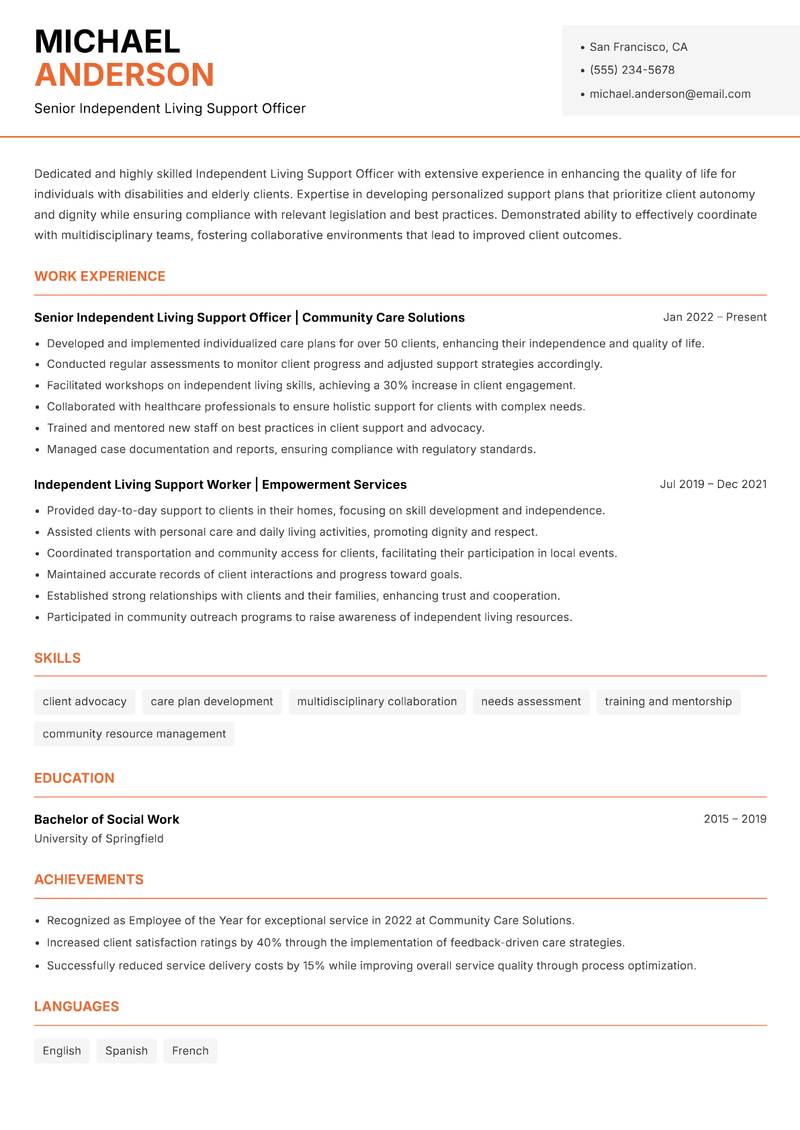 Independent Living Support Officer Resume Template