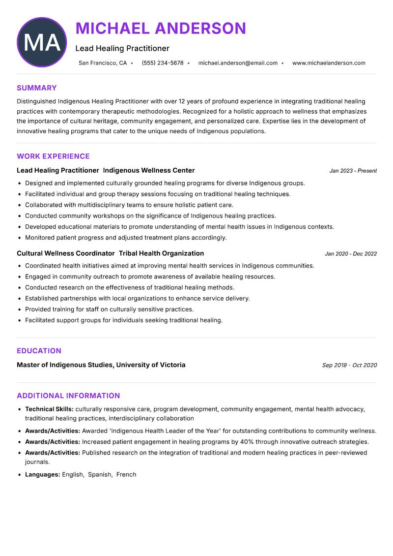 Indigenous Healing Practitioner Resume Preview Example