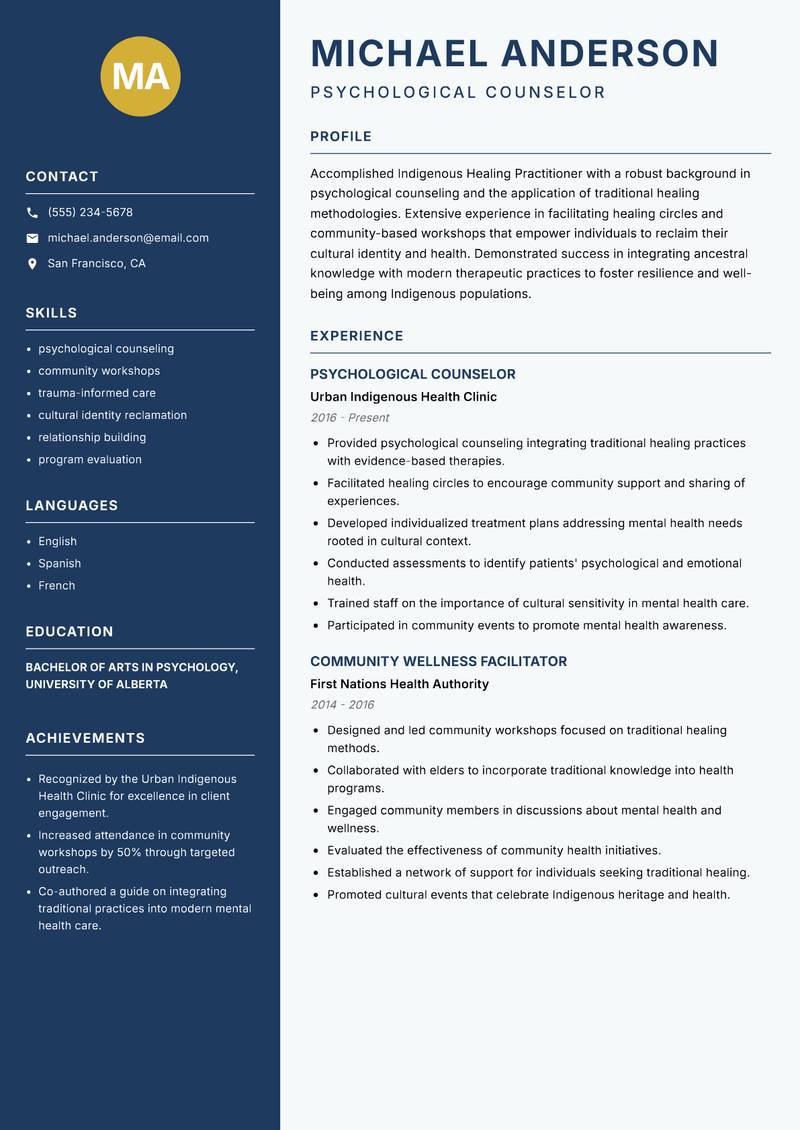Indigenous Healing Practitioner Resume Preview Example