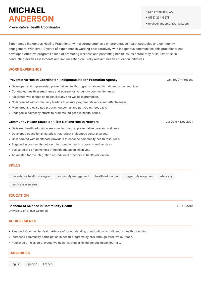Indigenous Healing Practitioner Resume Template