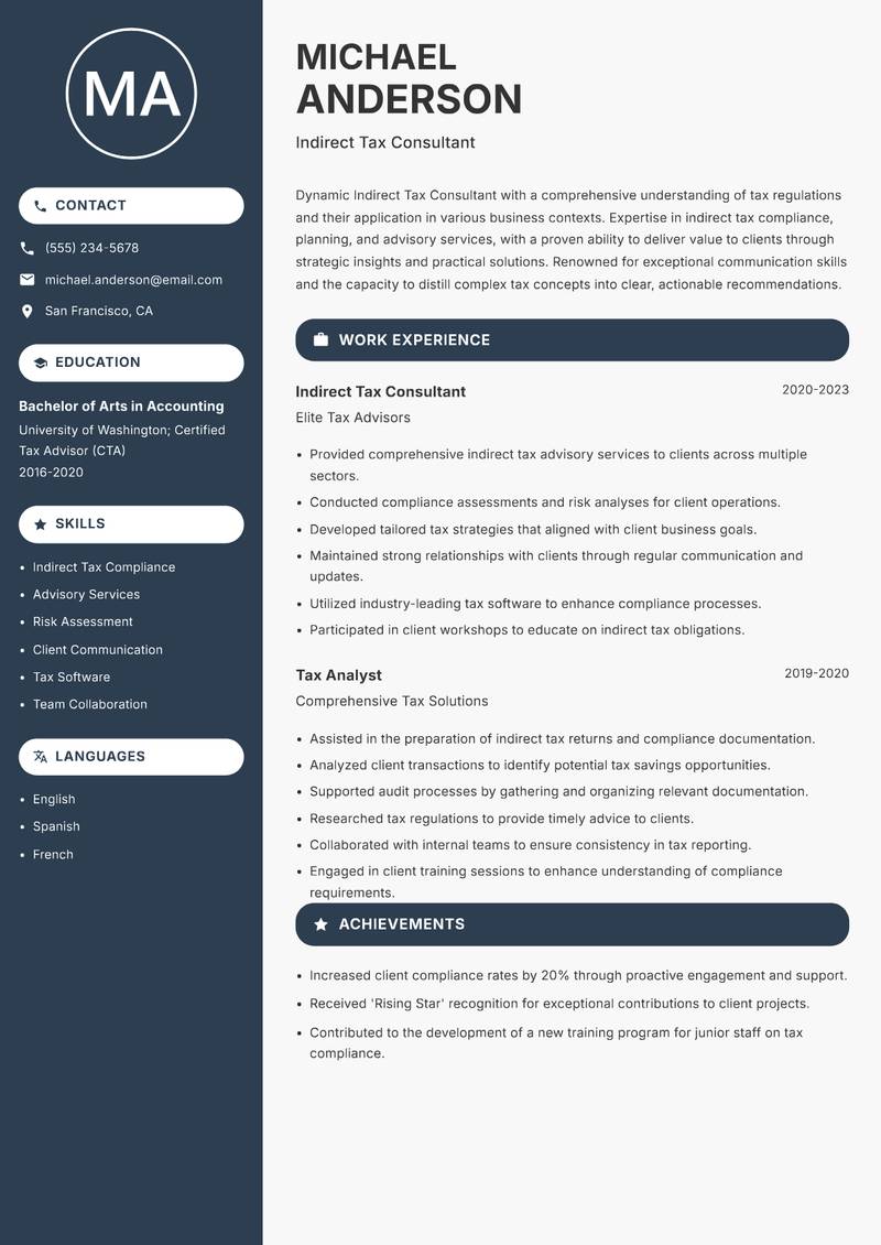 Indirect Tax Consultant Resume Preview Example