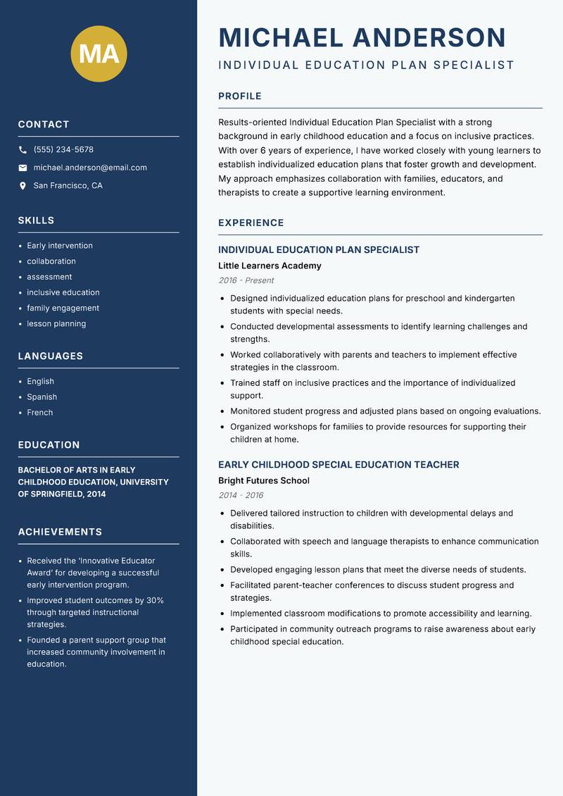 Individual Education Plan Specialist Resume Preview Example