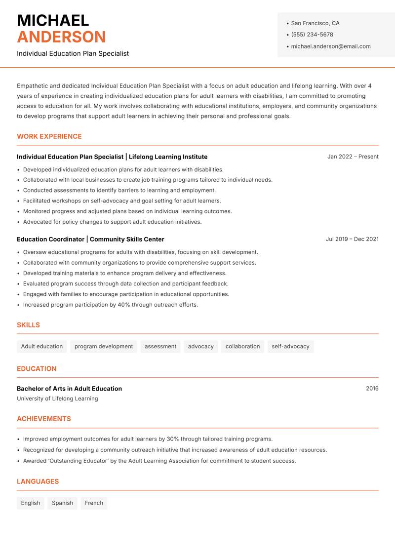 Individual Education Plan Specialist Resume Template