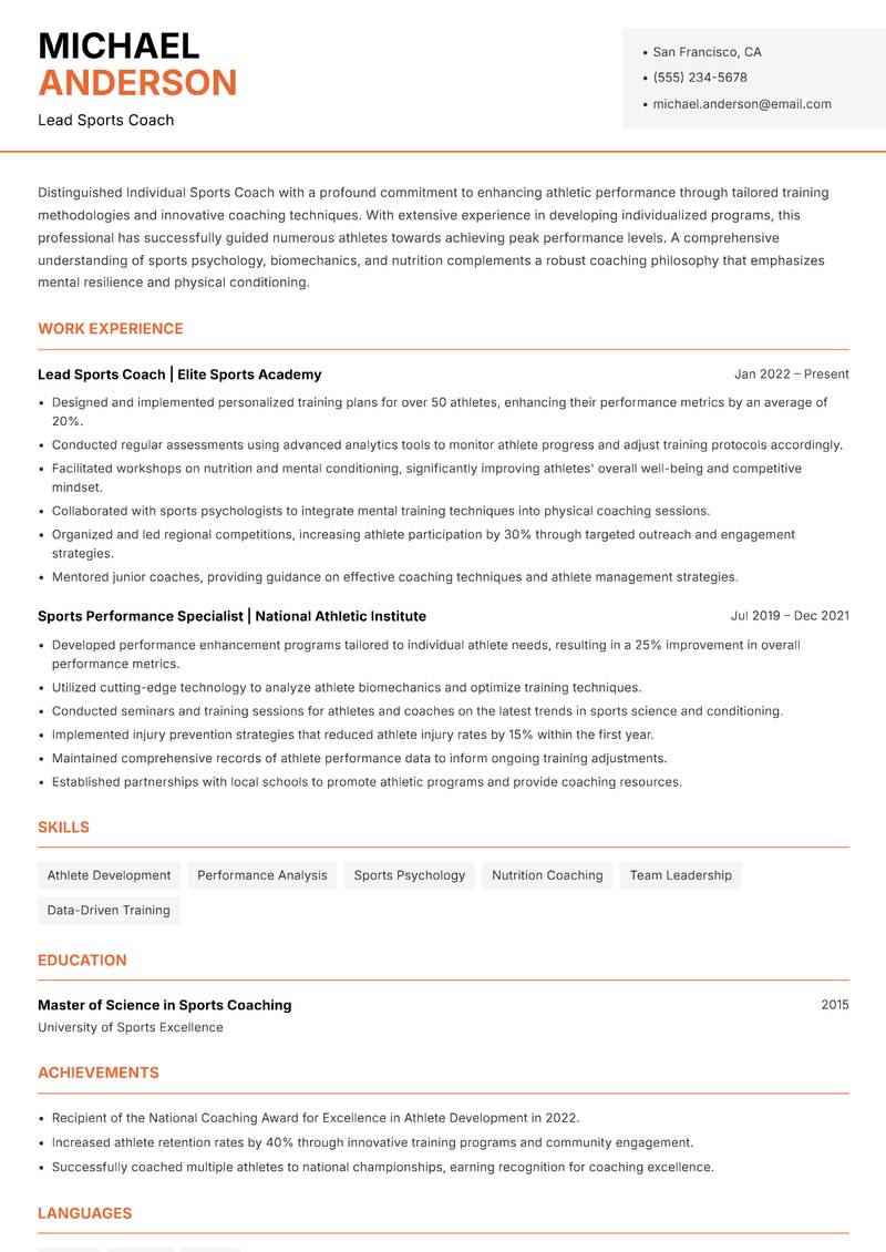 Individual Sports Coach Resume Template