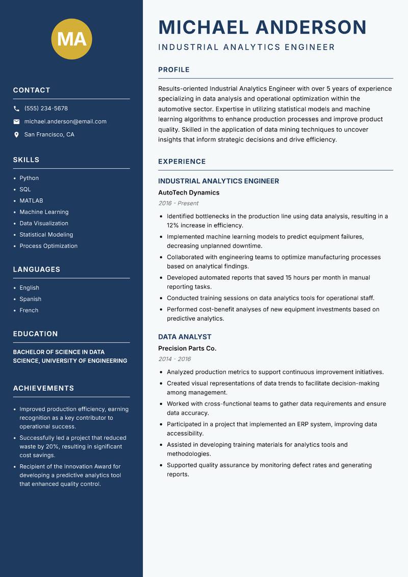 Industrial Analytics Engineer Resume Preview Example