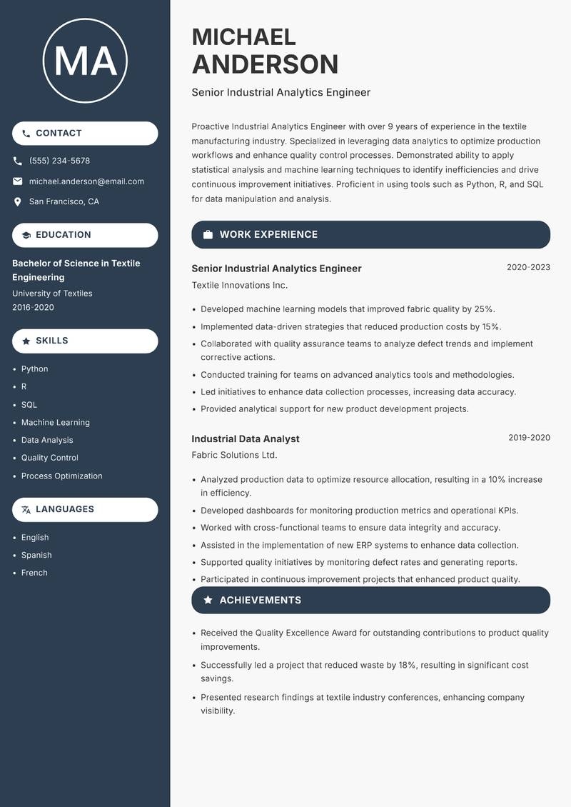 Industrial Analytics Engineer Resume Preview Example