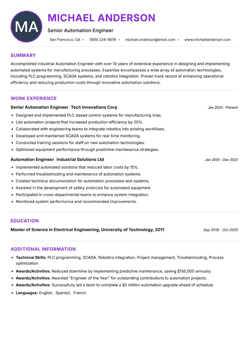 Industrial Automation Engineer Resume Preview Example