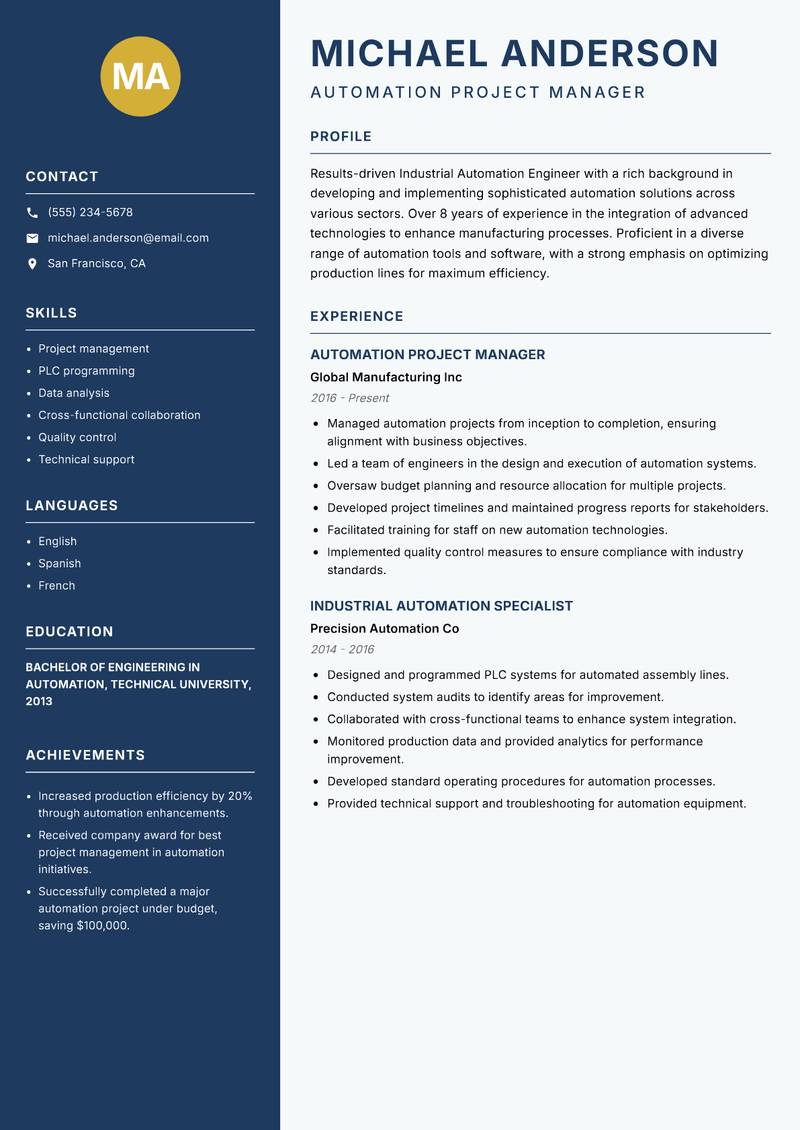 Industrial Automation Engineer Resume Preview Example