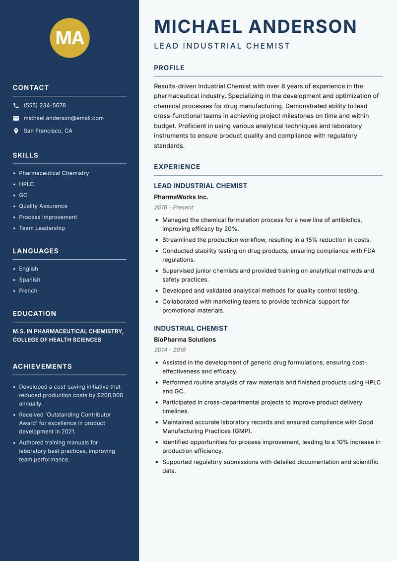 Industrial Chemist Resume Preview Example
