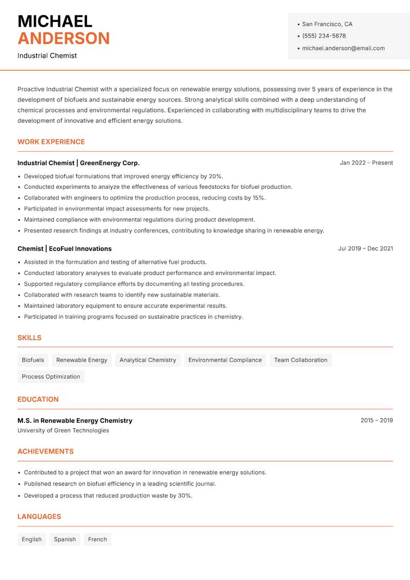 Industrial Chemist Resume Template