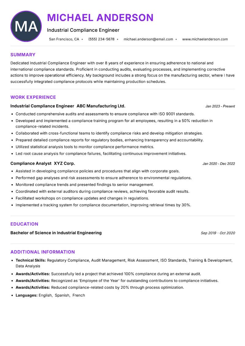 Industrial Compliance Engineer Resume Preview Example
