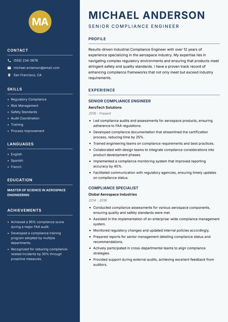 Industrial Compliance Engineer Resume Preview Example