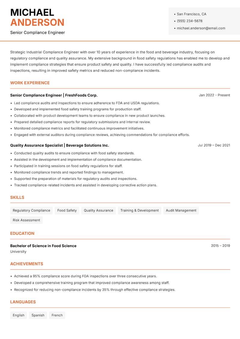 Industrial Compliance Engineer Resume Template