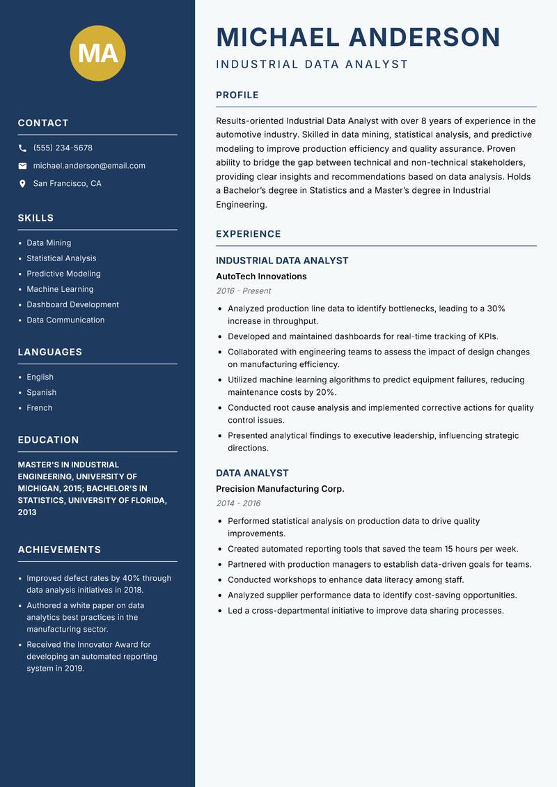 Industrial Data Analyst Resume Preview Example