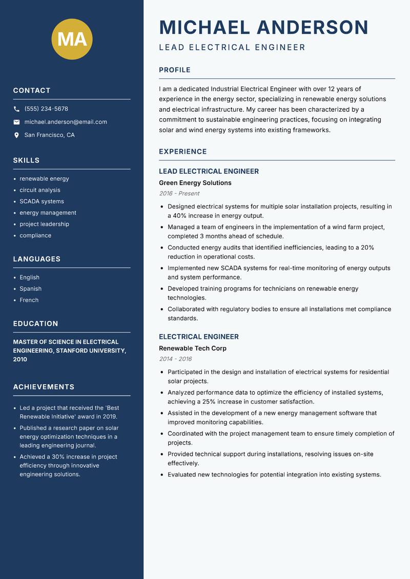 Industrial Electrical Engineer Resume Preview Example