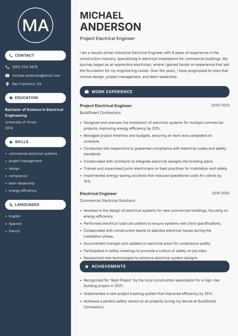 Industrial Electrical Engineer Resume Preview Example