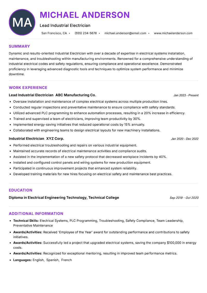 Industrial Electrician Resume Preview Example