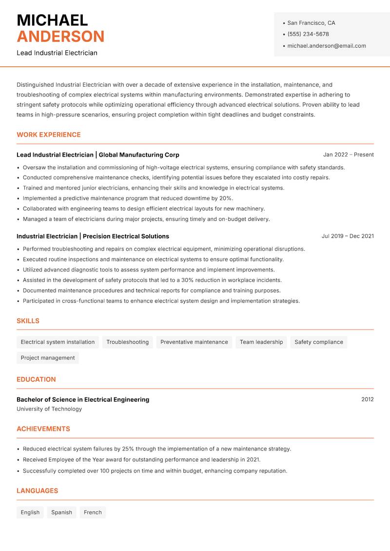 Industrial Electrician Resume Template