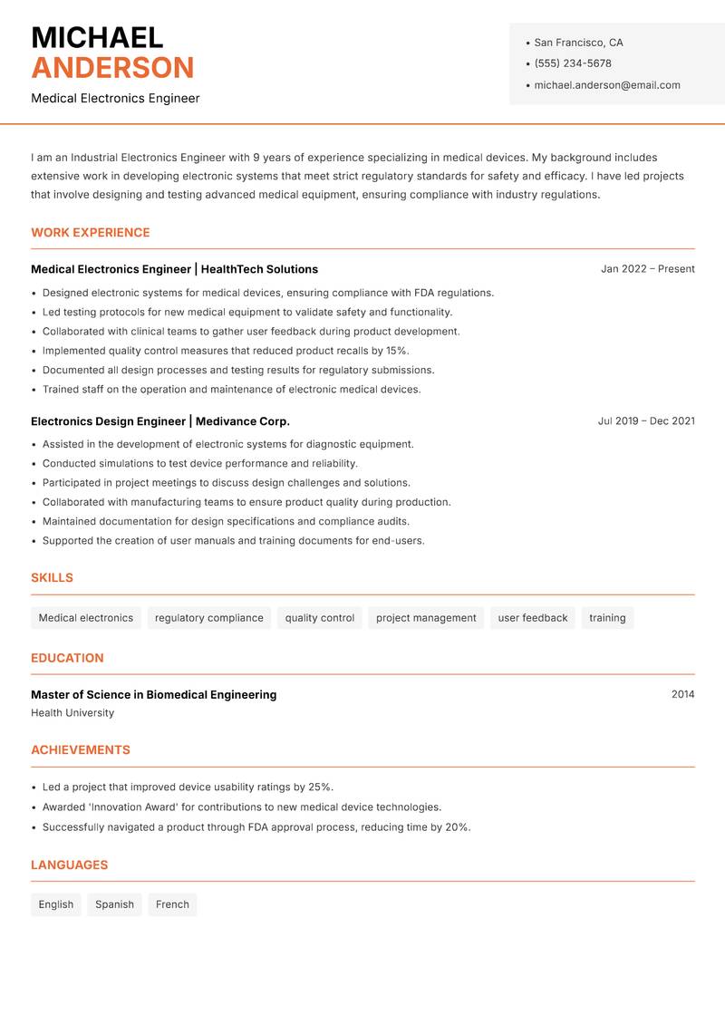 Industrial Electronics Engineer Resume Template