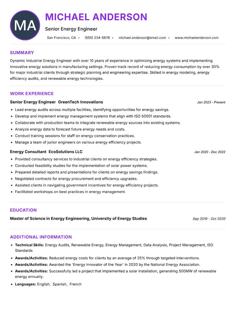 Industrial Energy Engineer Resume Preview Example