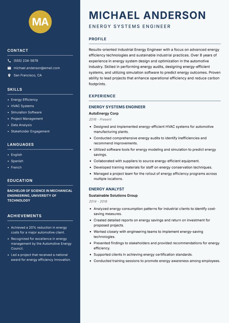 Industrial Energy Engineer Resume Preview Example