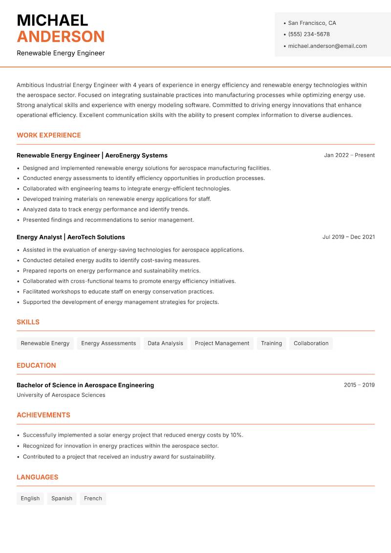 Industrial Energy Engineer Resume Template