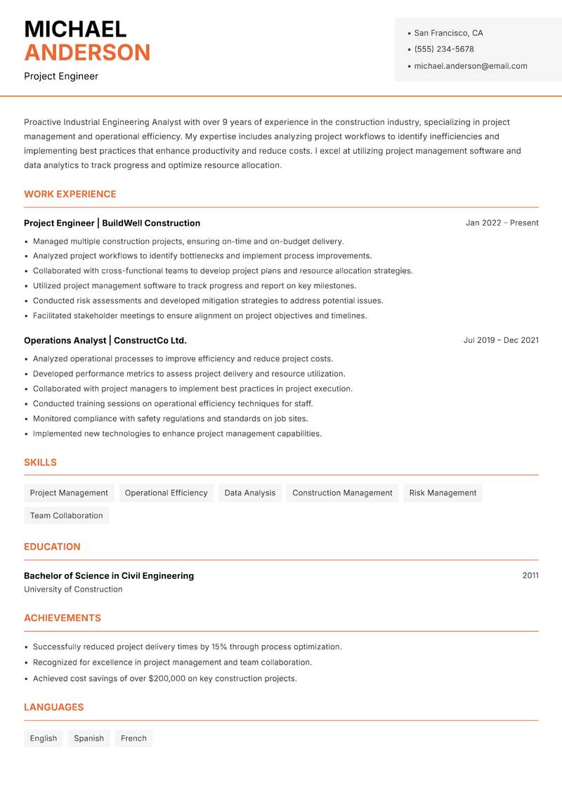 Industrial Engineering Analyst Resume Template