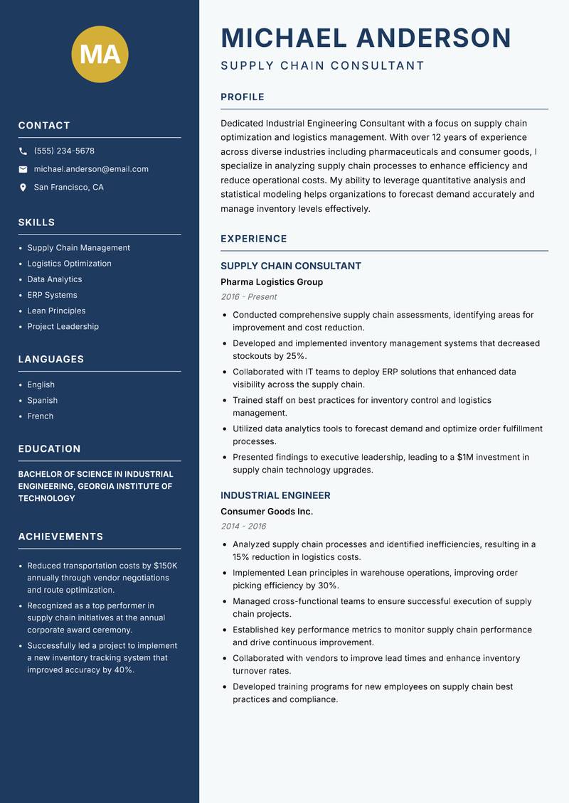 Industrial Engineering Consultant Resume Preview Example