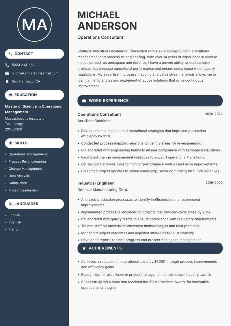 Industrial Engineering Consultant Resume Preview Example