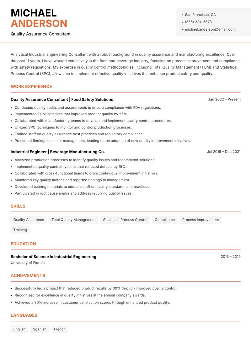 Industrial Engineering Consultant Resume Template
