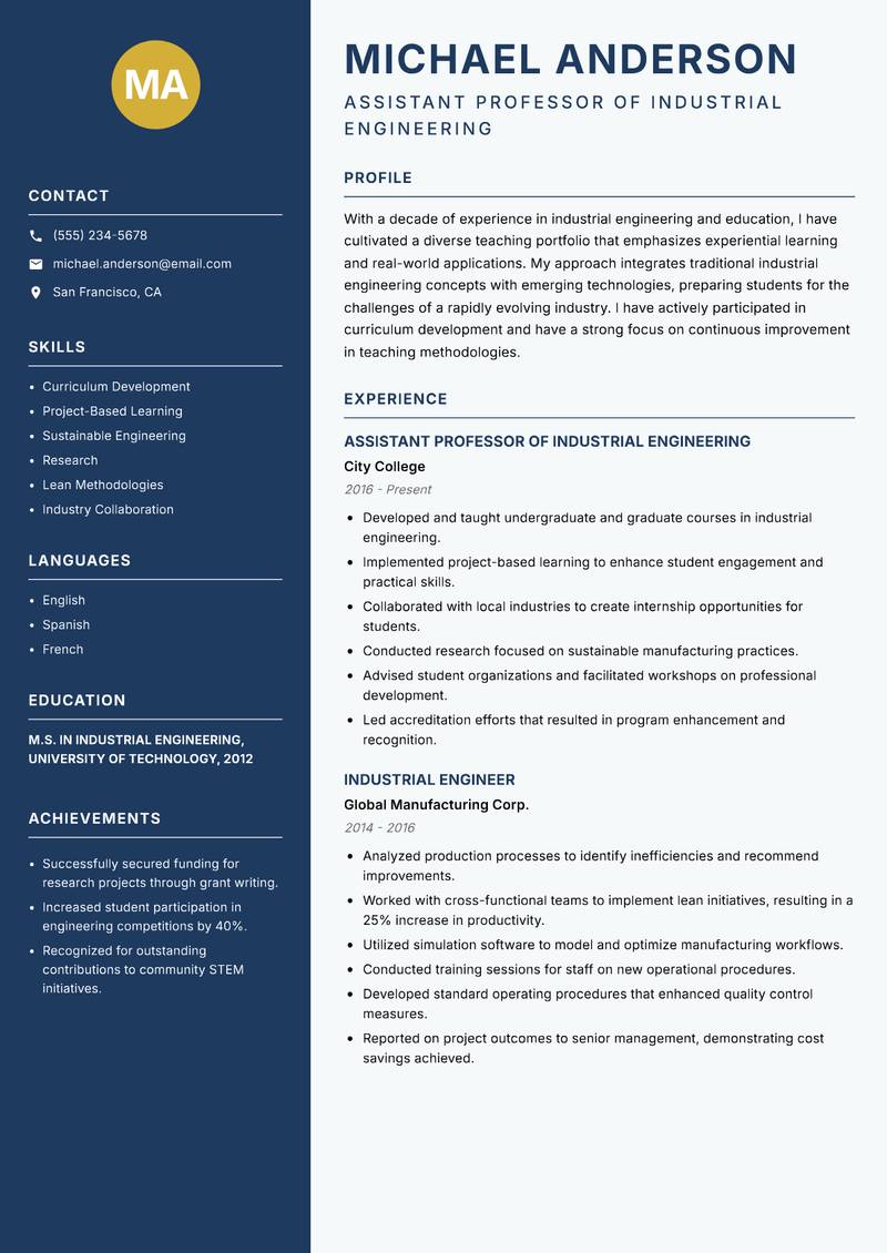Industrial Engineering Educator Resume Preview Example