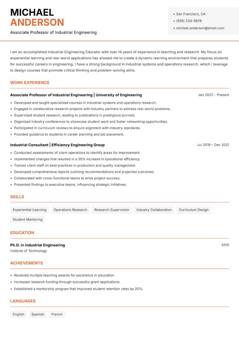 Industrial Engineering Educator Resume Template