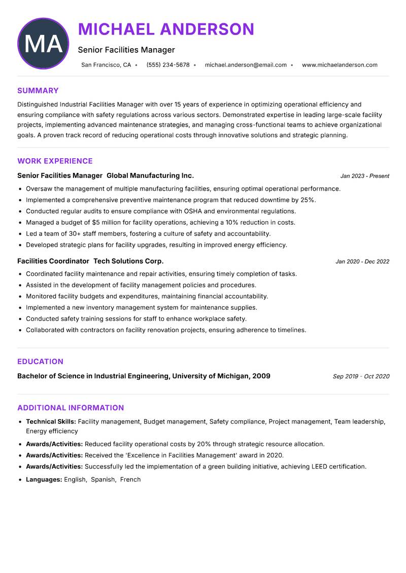 Industrial Facilities Manager Resume Preview Example