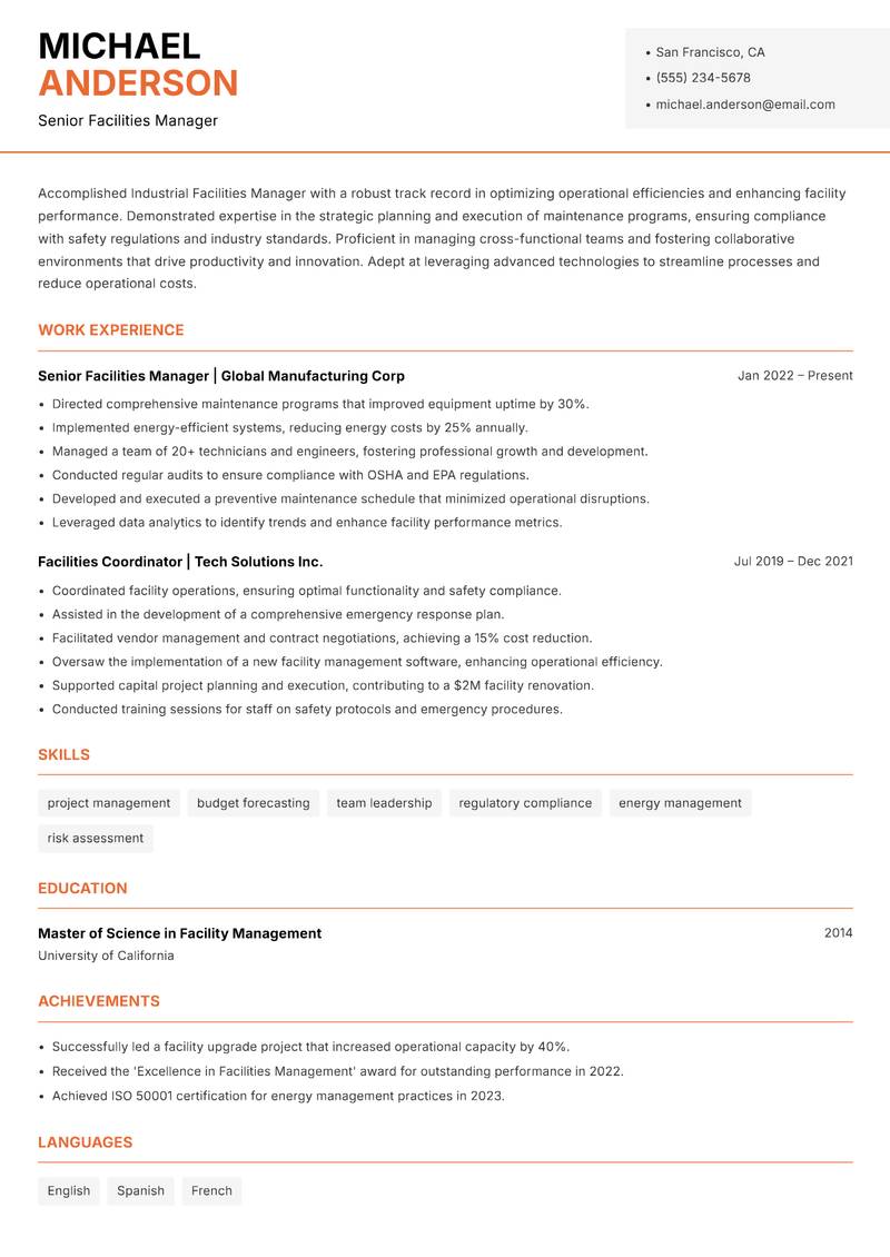 Industrial Facilities Manager Resume Template