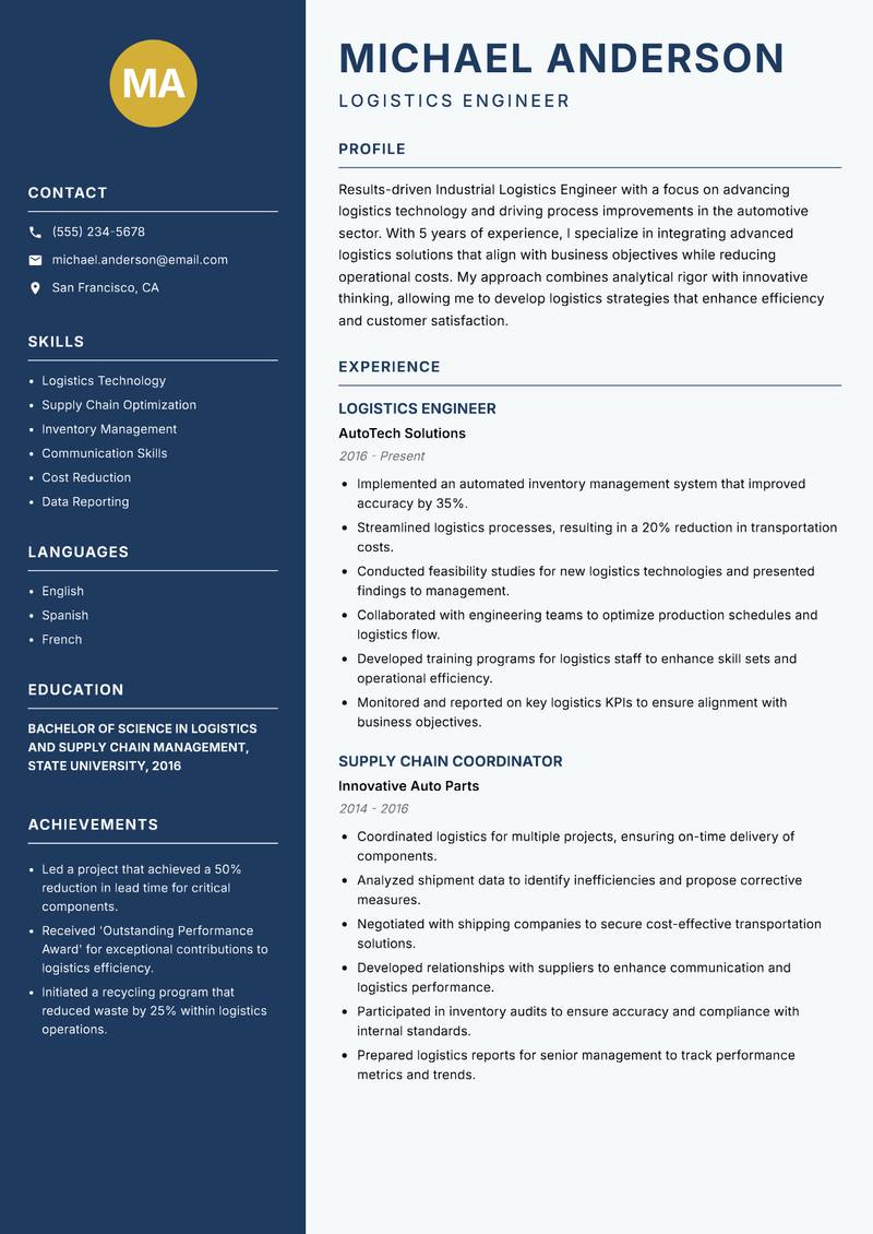 Industrial Logistics Engineer Resume Preview Example