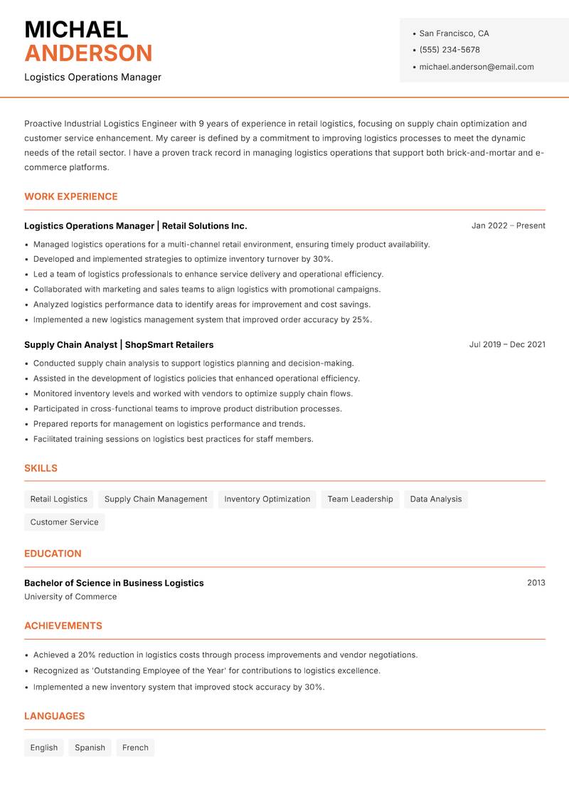 Industrial Logistics Engineer Resume Template