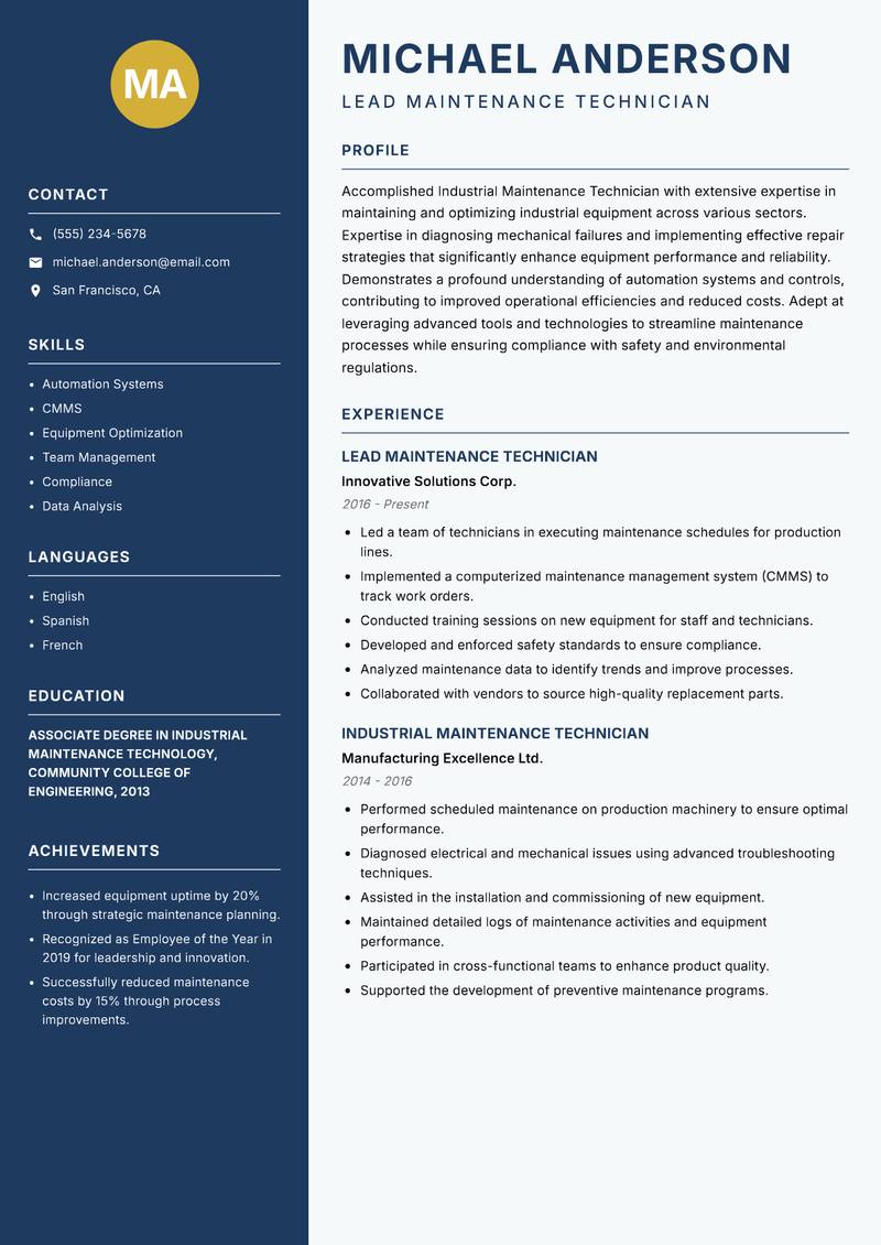 Industrial Maintenance Technician Resume Preview Example