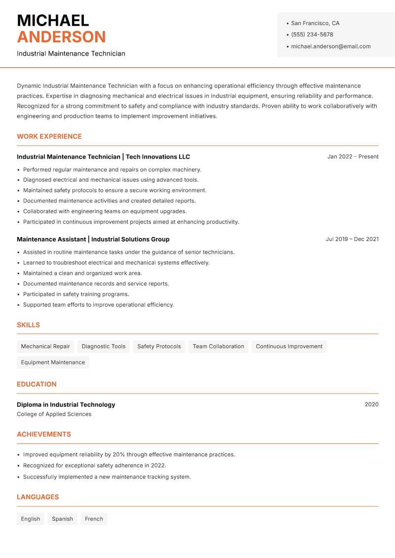 Industrial Maintenance Technician Resume Template