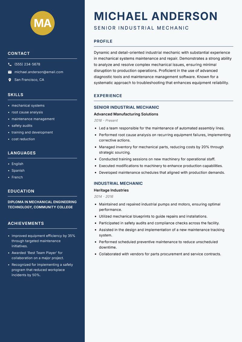Industrial Mechanic Resume Preview Example