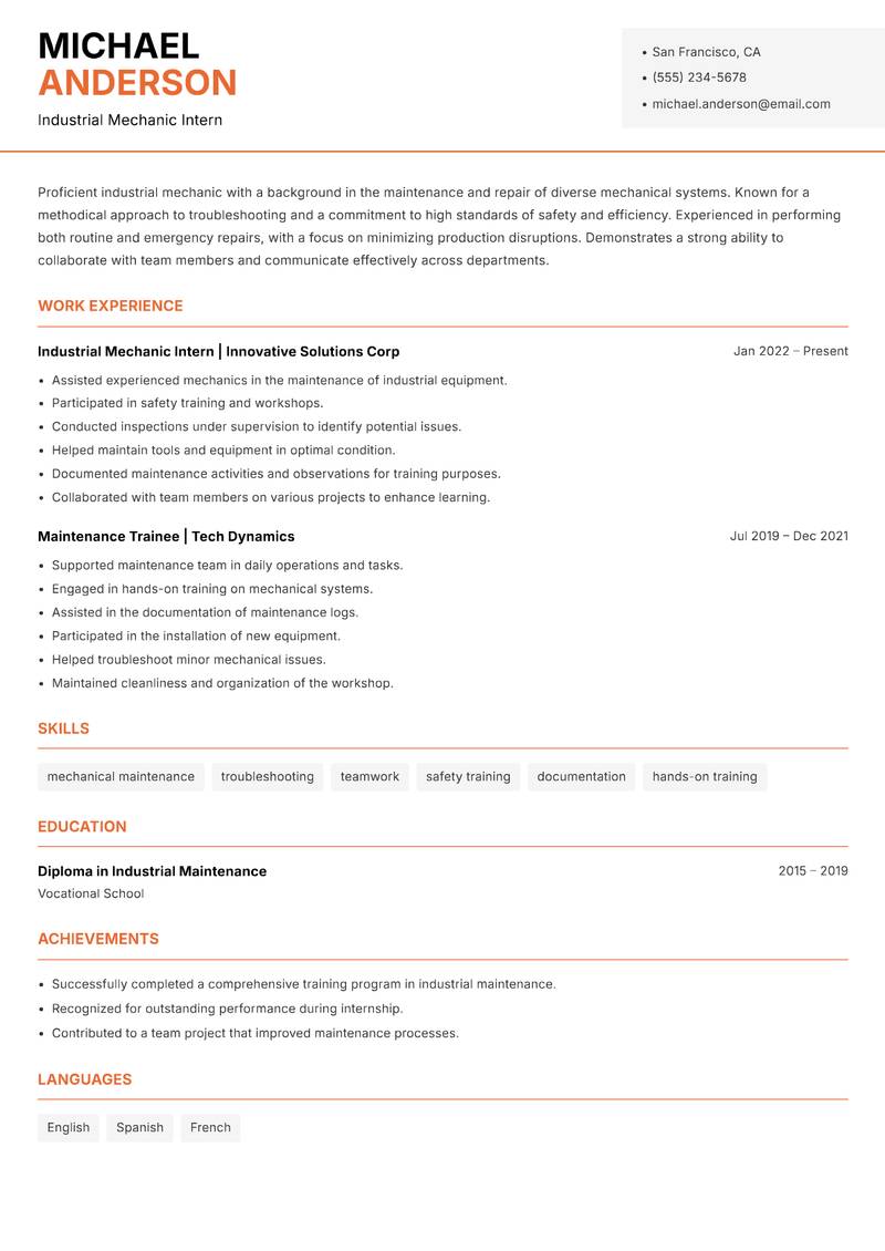Industrial Mechanic Resume Template
