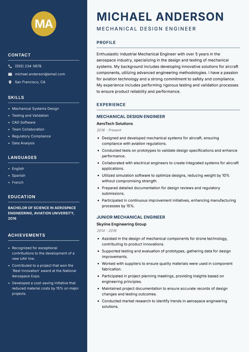 Industrial Mechanical Engineer Resume Preview Example
