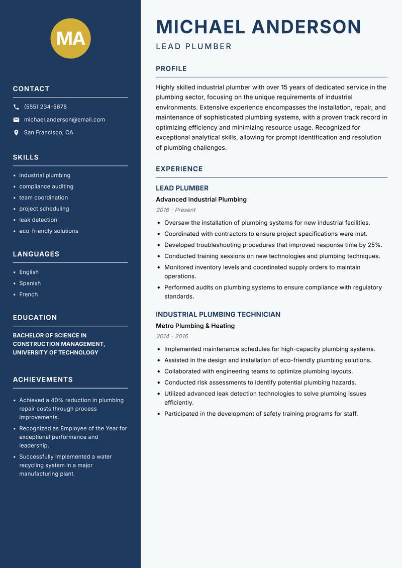Industrial Plumber Resume Preview Example