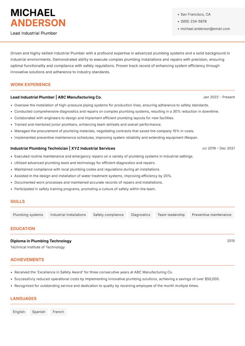 Industrial Plumber Resume Template
