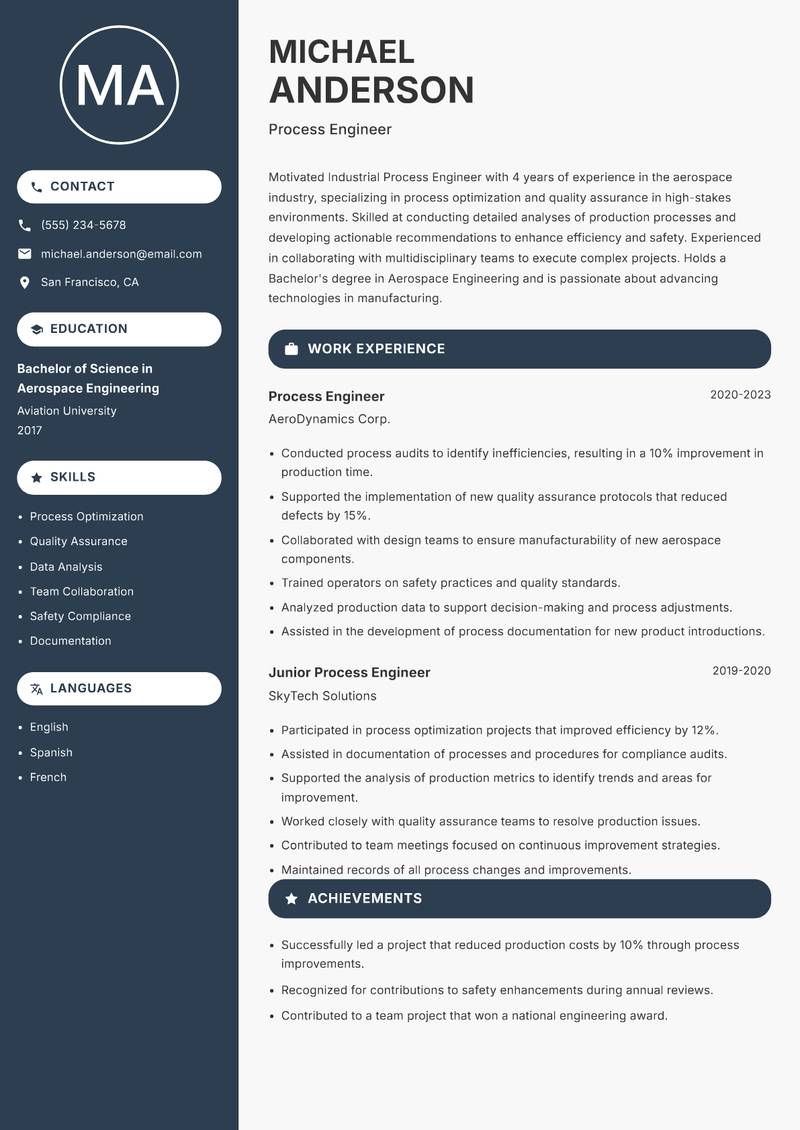 Industrial Process Engineer Resume Preview Example