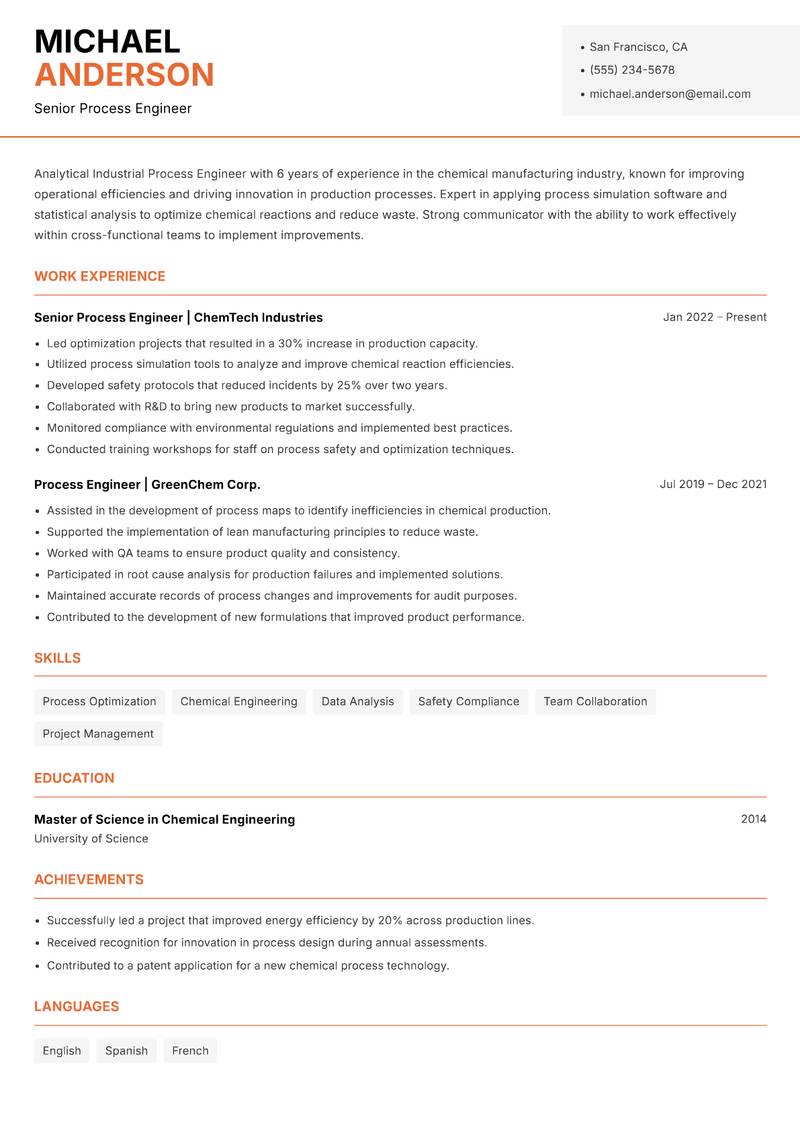 Industrial Process Engineer Resume Template